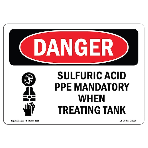 OSHA Sign, Sulfuric Acid PPE Mandatory, 5in X 3.5in Decal, 10PK, 5" W, 3.5" H, Landscape, PK10